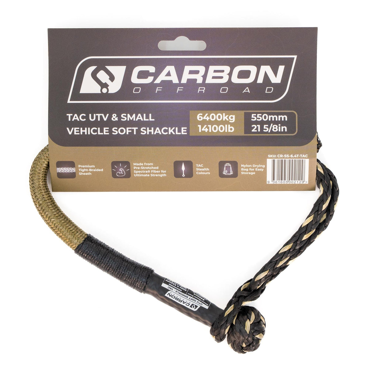 TAC UTV & Small Vehicle Soft Shackle by Carbon Offroad USA; braided tan and black tow rope on Tampa Home & Garden Store