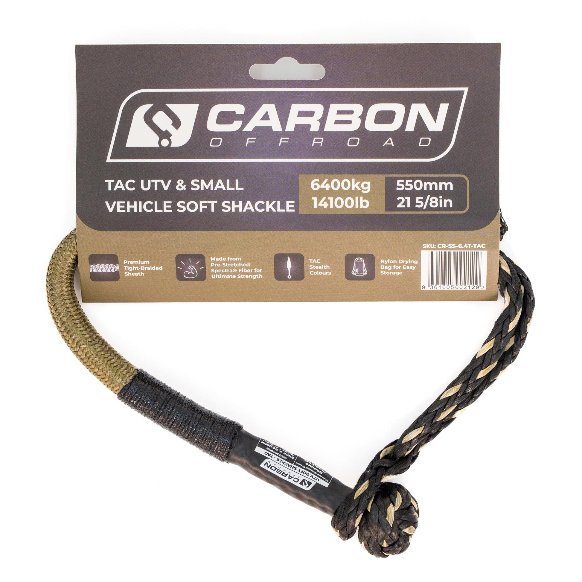 TAC UTV & Small Vehicle Soft Shackle by Carbon Offroad USA; braided tan and black tow rope on Tampa Home & Garden Store