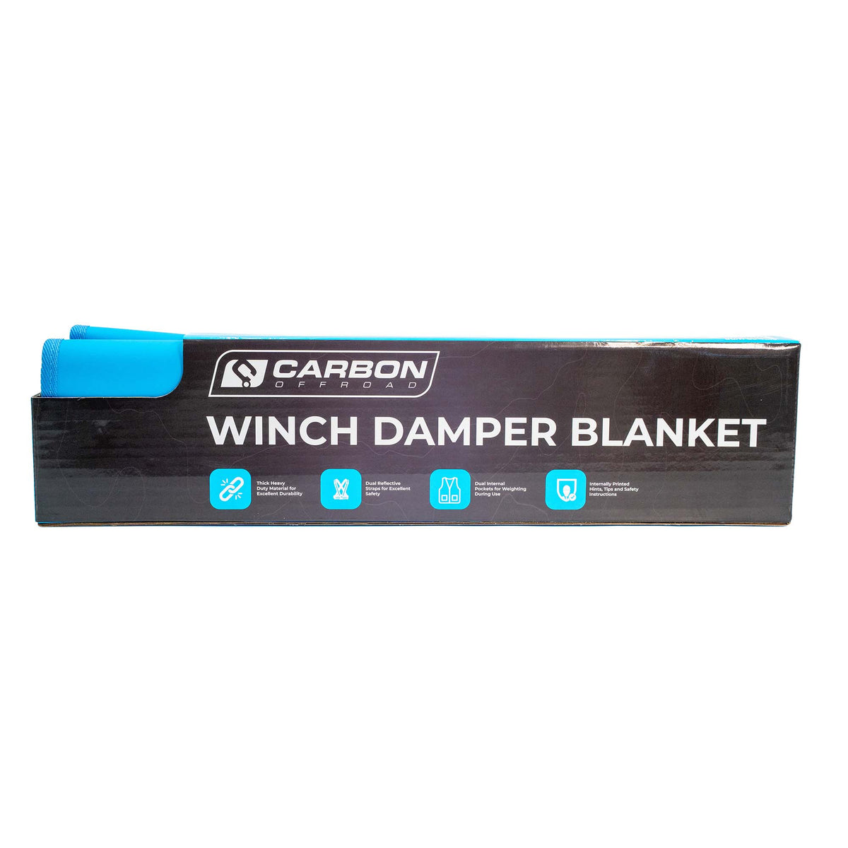 Winch Damper Blanket by Carbon Offroad USA with blue rolled blanket beside the branded box on Tampa Home & Garden Store