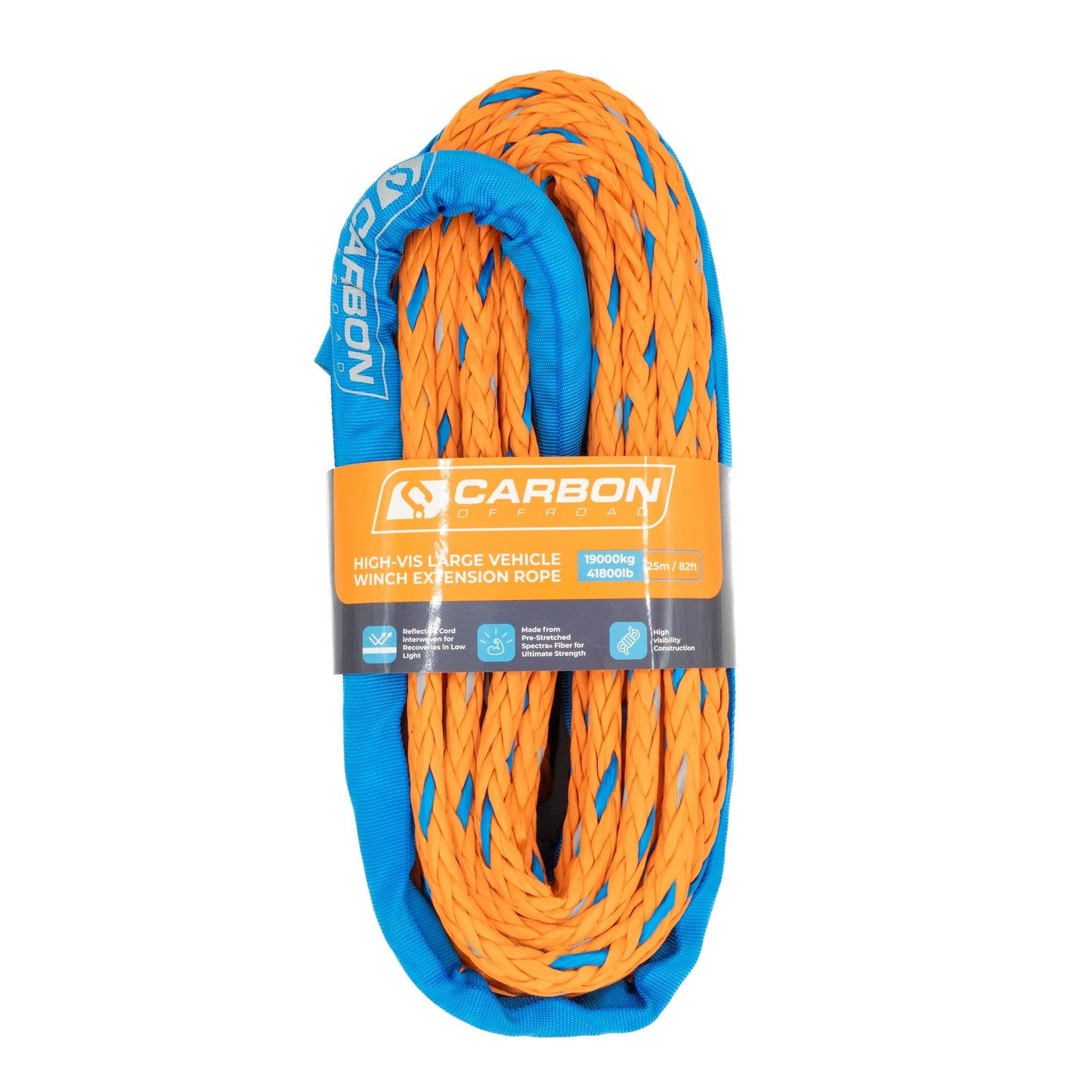 High-Vis Vehicle Winch Extension Rope by Carbon Offroad USA, orange rope with blue sleeve on Tampa Home & Garden Store