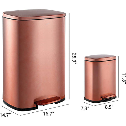 Juego de 2 - Cubos de Basura con Pedal Oro Cobre - 13 Galones y 1.3 Galones