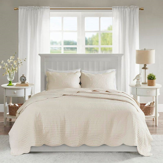 King Size 3 Piece Reversible Scalloped Edges Microfiber Quilt Set in Cream - Tampa Home & Garden Store