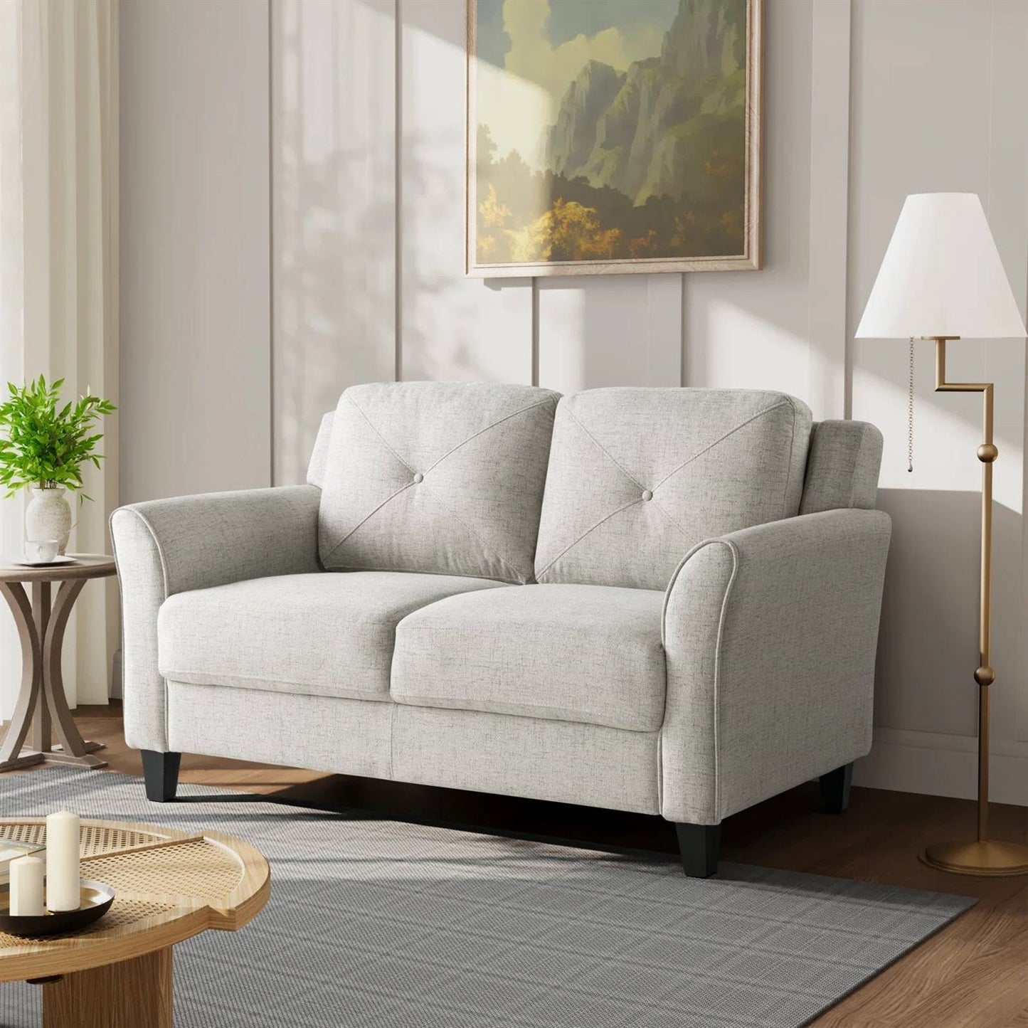 Sofá Loveseat Tapizado Moderno en Microfibra Crema con Cojines Acolchados con Botones