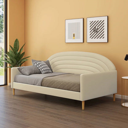 Cama de día tapizada de terciopelo crema blanquecino de tamaño doble, estilo moderno de mediados de siglo
