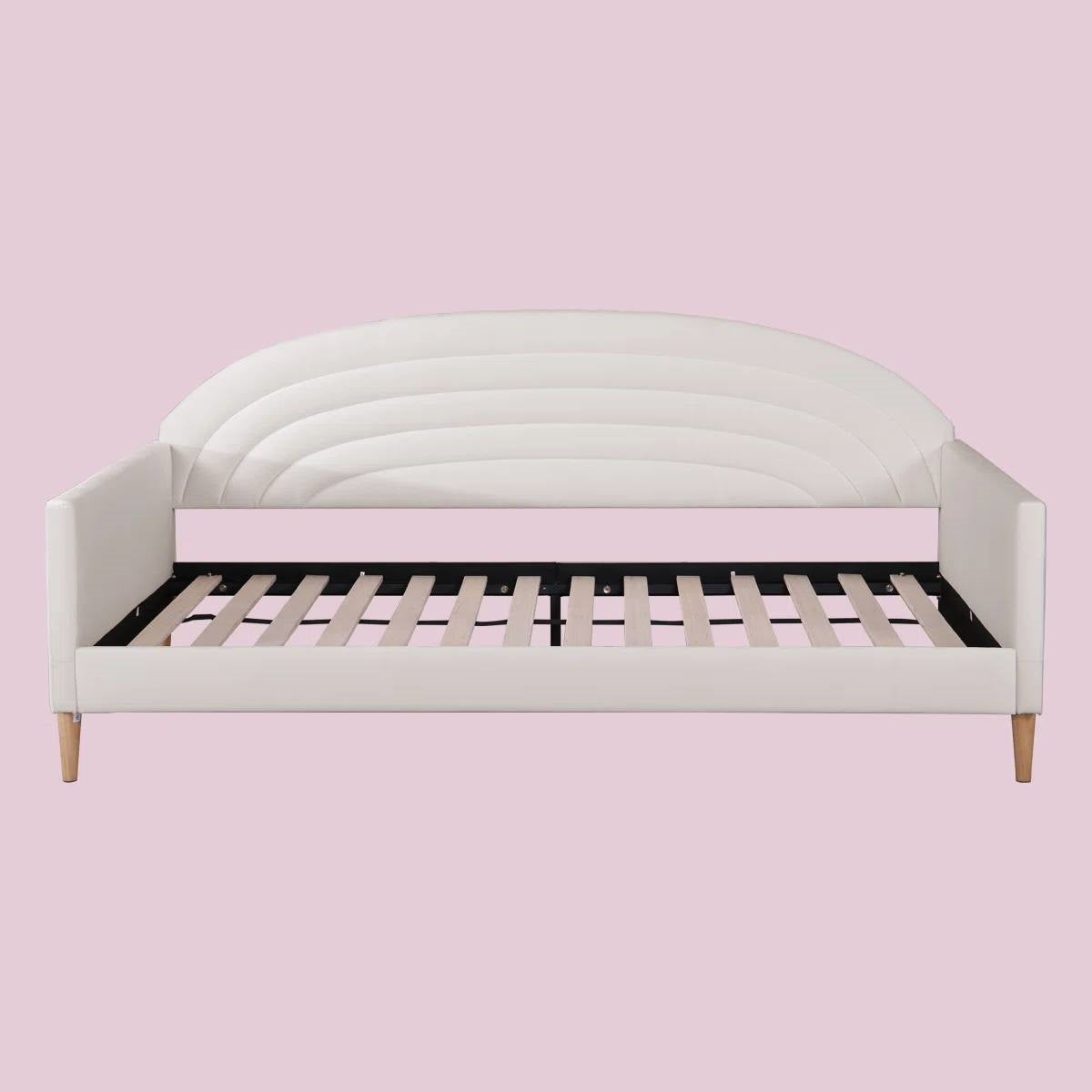 Cama de día tapizada de terciopelo crema blanquecino de tamaño doble, estilo moderno de mediados de siglo