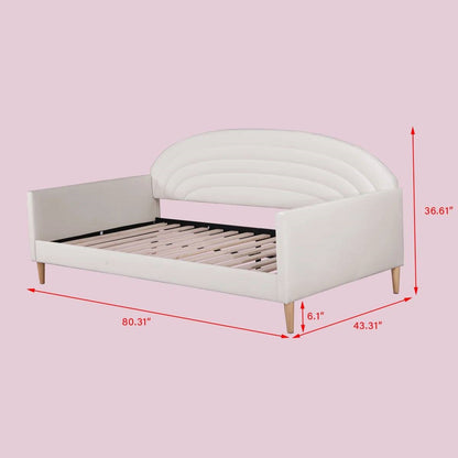 Cama de día tapizada de terciopelo crema blanquecino de tamaño doble, estilo moderno de mediados de siglo