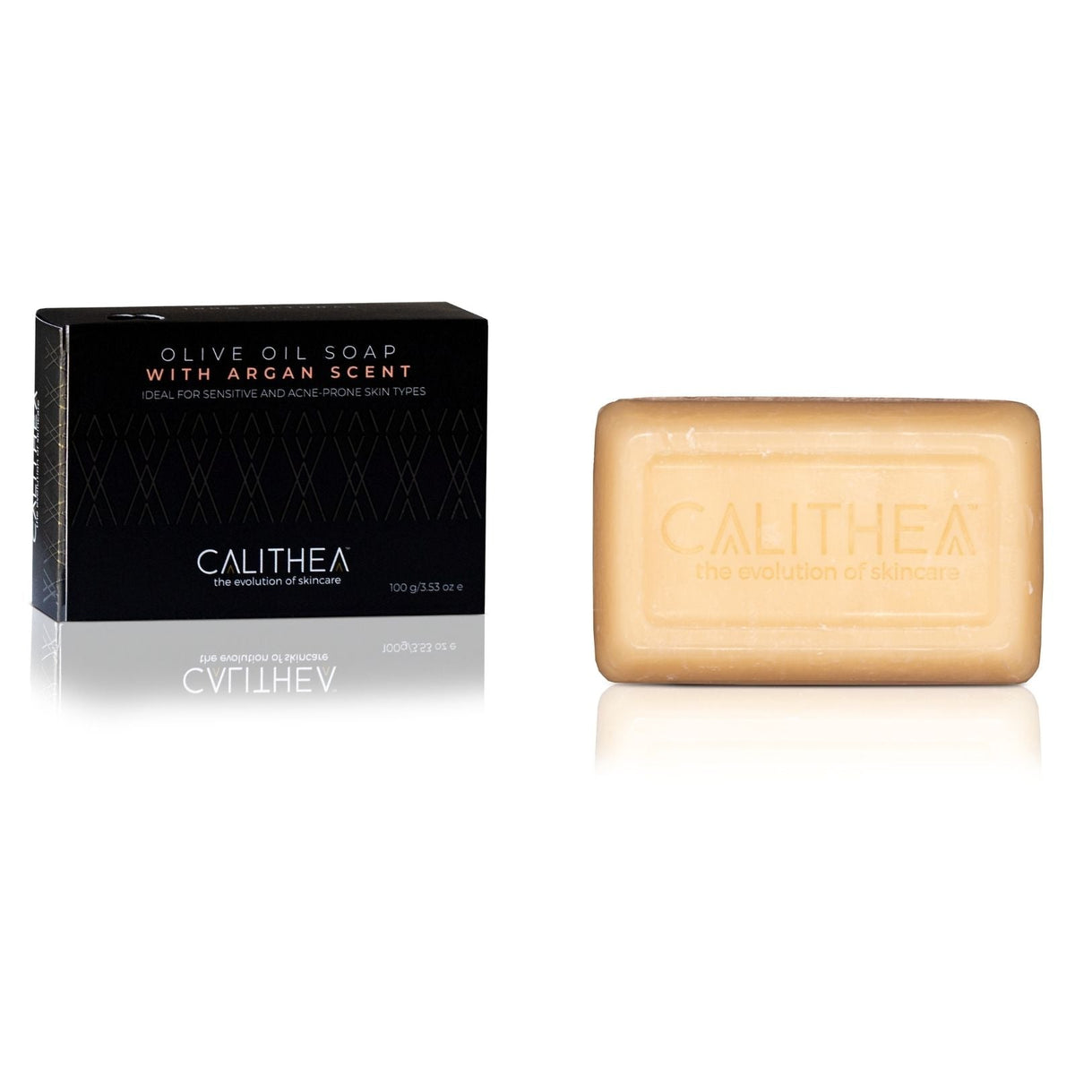 Olive Oil Soap with Argan in a black CALITHEA box beside a beige soap bar, two-item set on Tampa Home & Garden Store