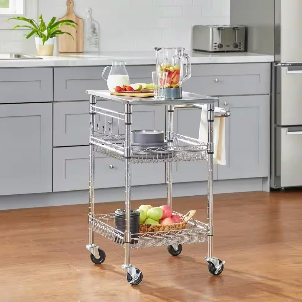 Carrito de cocina compacto con cubierta de acero inoxidable y 2 estantes de almacenamiento inferiores