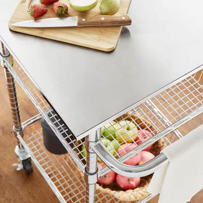 Carrito de cocina compacto con cubierta de acero inoxidable y 2 estantes de almacenamiento inferiores