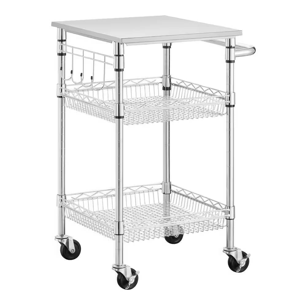 Carrito de cocina compacto con cubierta de acero inoxidable y 2 estantes de almacenamiento inferiores