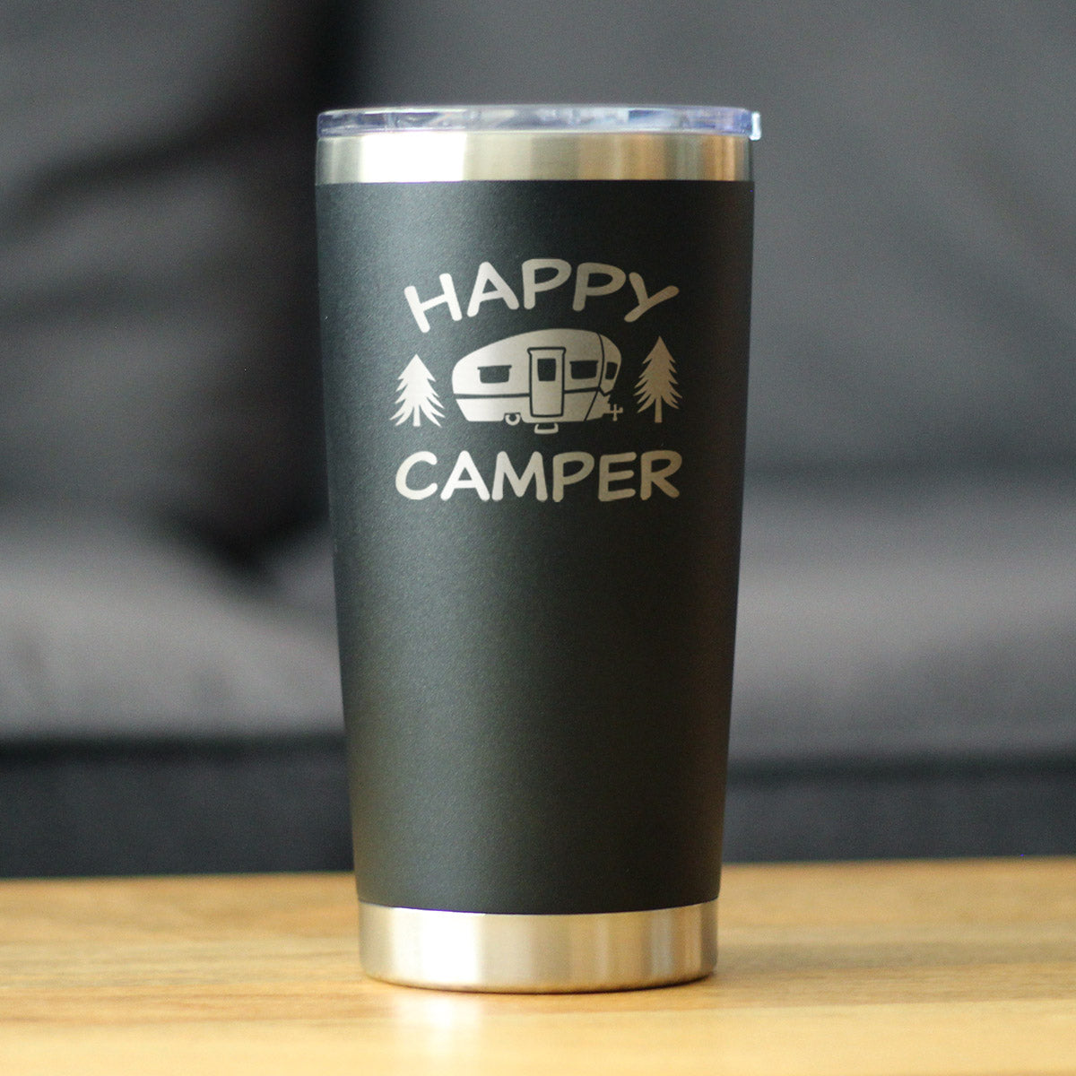 Happy Camper - Insulated Coffee Tumbler Cup with Sliding Lid - Stainless Steel Insulated Mug - Unique Outdoor Camping Tumbler