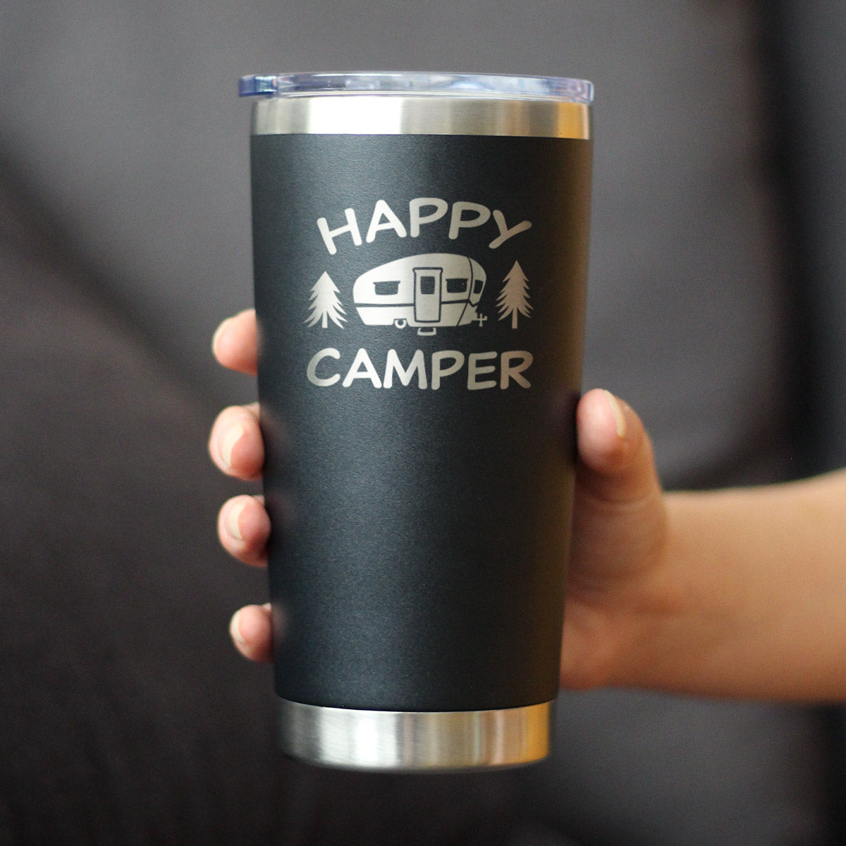 Happy Camper - Insulated Coffee Tumbler Cup with Sliding Lid - Stainless Steel Insulated Mug - Unique Outdoor Camping Tumbler