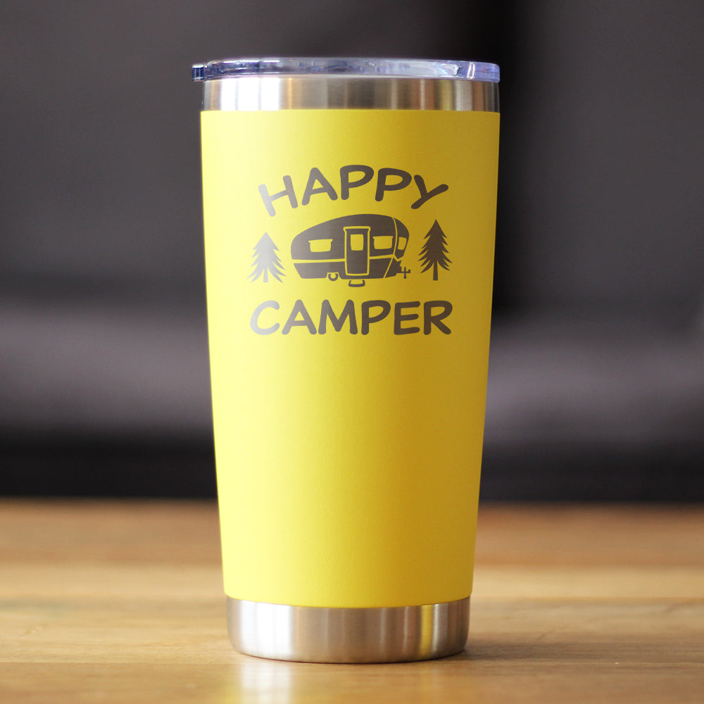 Happy Camper - Insulated Coffee Tumbler Cup with Sliding Lid - Stainless Steel Insulated Mug - Unique Outdoor Camping Tumbler