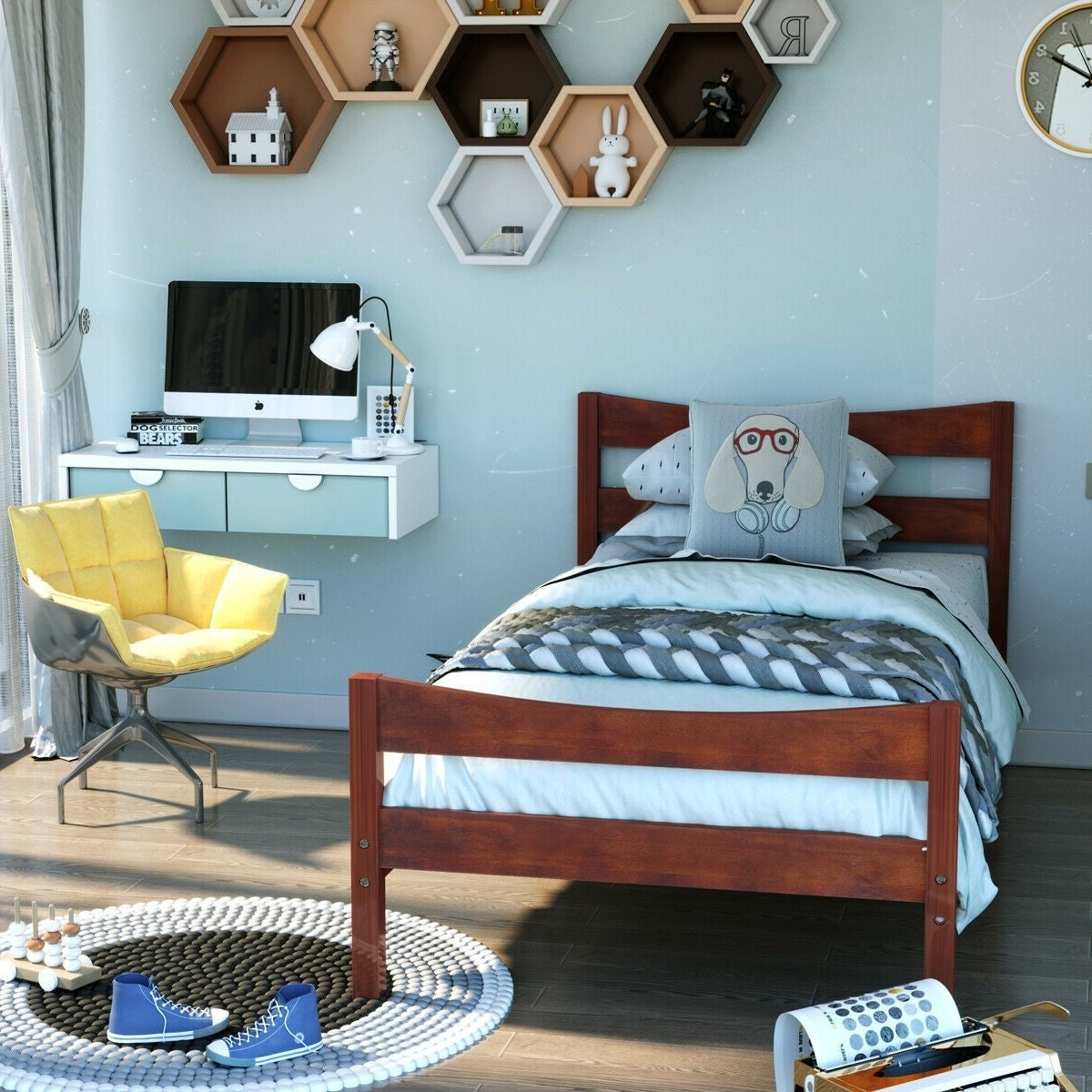 Estructura de cama de plataforma individual de madera de pino estilo rústico en nogal