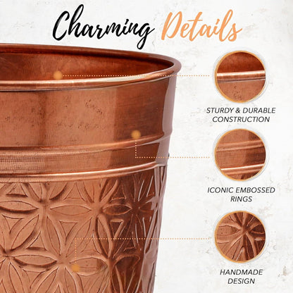 Copper finish metal trash can by HomePacific with embossed floral pattern and design on Tampa Home & Garden Store