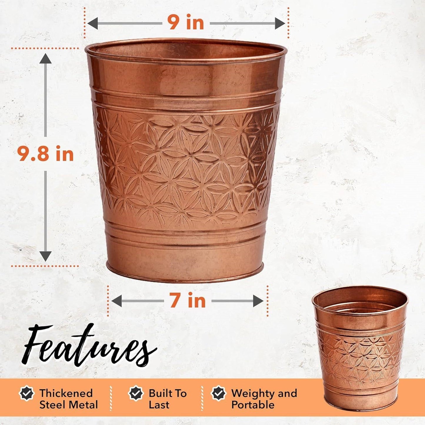 Two copper finish metal trash cans with embossed pattern; HomePacific, 9.8 in tall, 9 dia on Tampa Home & Garden Store