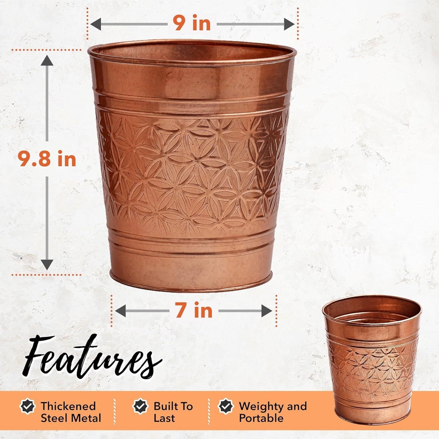 Two copper finish metal trash cans with embossed pattern; HomePacific, 9.8 in tall, 9 dia on Tampa Home & Garden Store