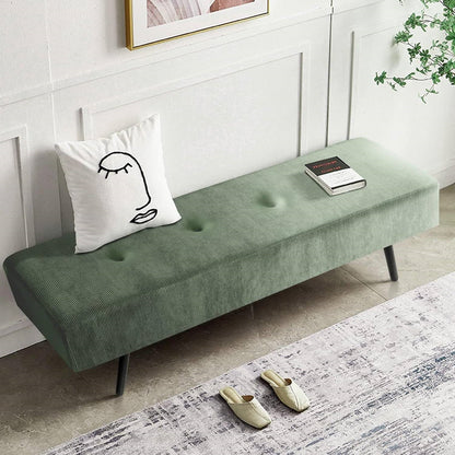 Banco para pie de cama tapizado en pana verde de mediados de siglo con patas de metal negras