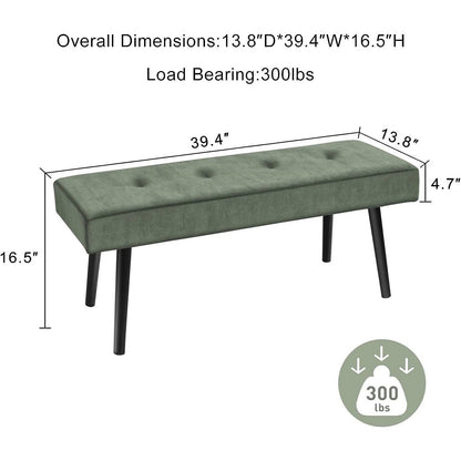 Banco para pie de cama tapizado en pana verde de mediados de siglo con patas de metal negras