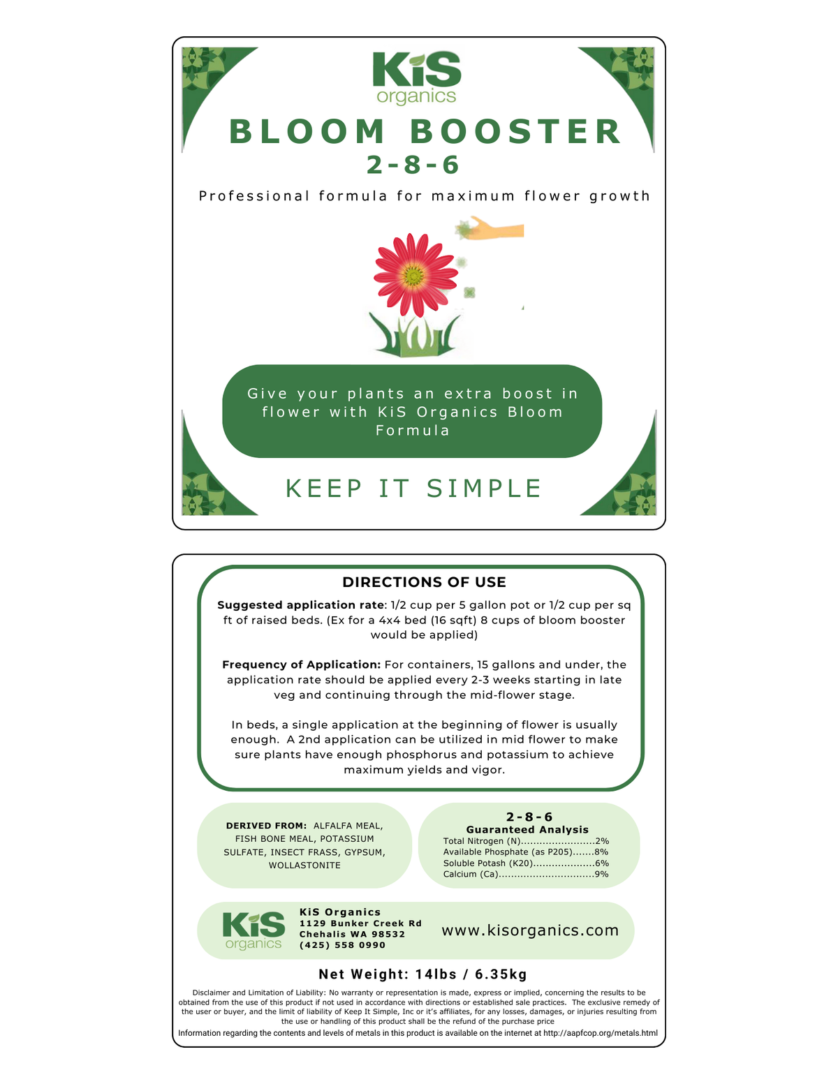 KiS Organics Bloom Booster 2-8-6 fertilizer label with green branding and red flower graphic on Tampa Home & Garden Store