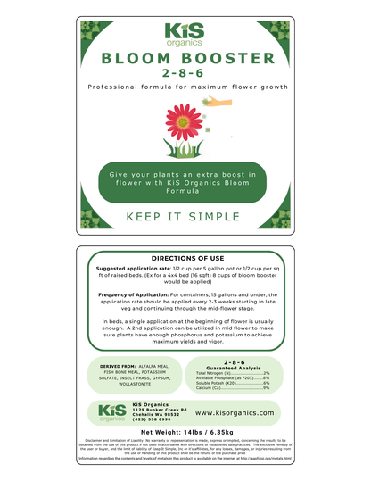 KiS Organics Bloom Booster 2-8-6 fertilizer label with green branding and red flower graphic on Tampa Home & Garden Store