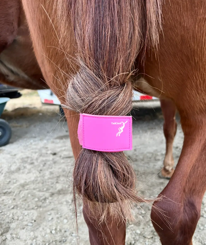 TailCinch Tail Tie Cuff XL pink around thick-tail horse tail with brand logo on strap on Tampa Home & Garden Store