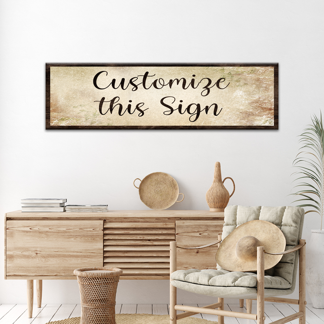 Custom Rustic Canvas Sign by Tailored Canvases; beige textured canvas with dark wood frame on Tampa Home & Garden Store