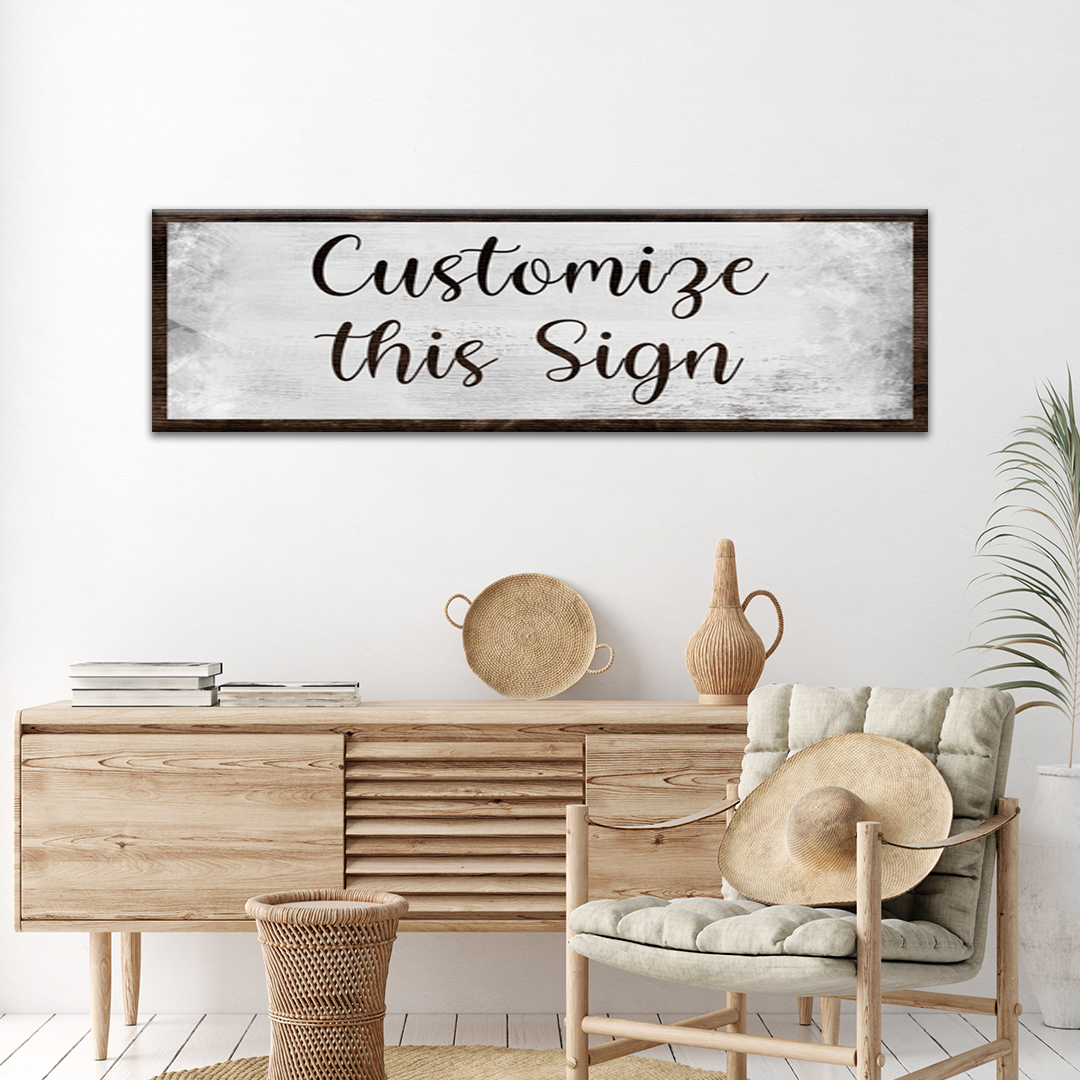 Custom Rustic Canvas Sign framed in dark wood with a weathered whitewashed canvas backdrop on Tampa Home & Garden Store