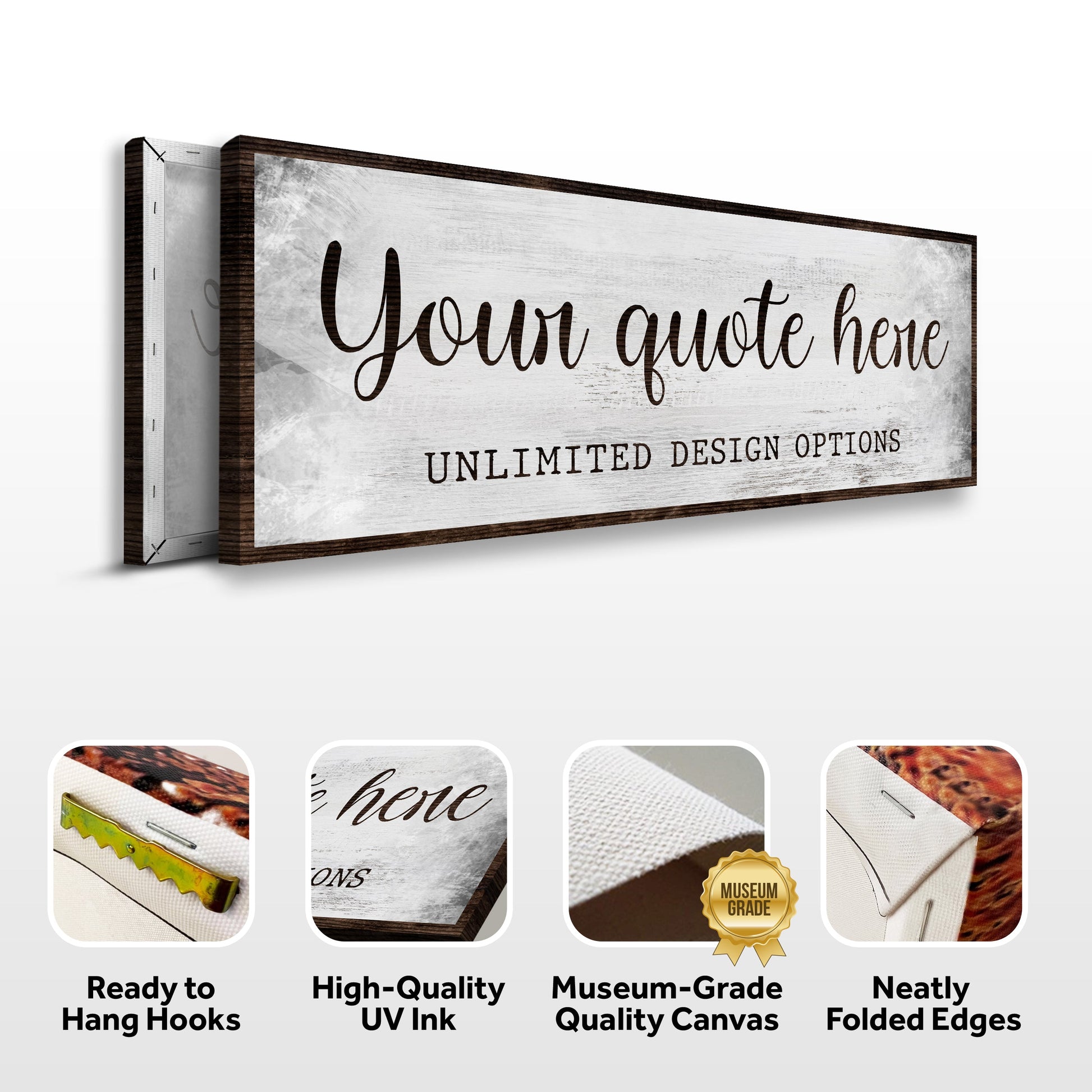 Custom Quote Sign canvas with distressed white panel and dark wood frame, script Your quote here on Tampa Home & Garden Store
