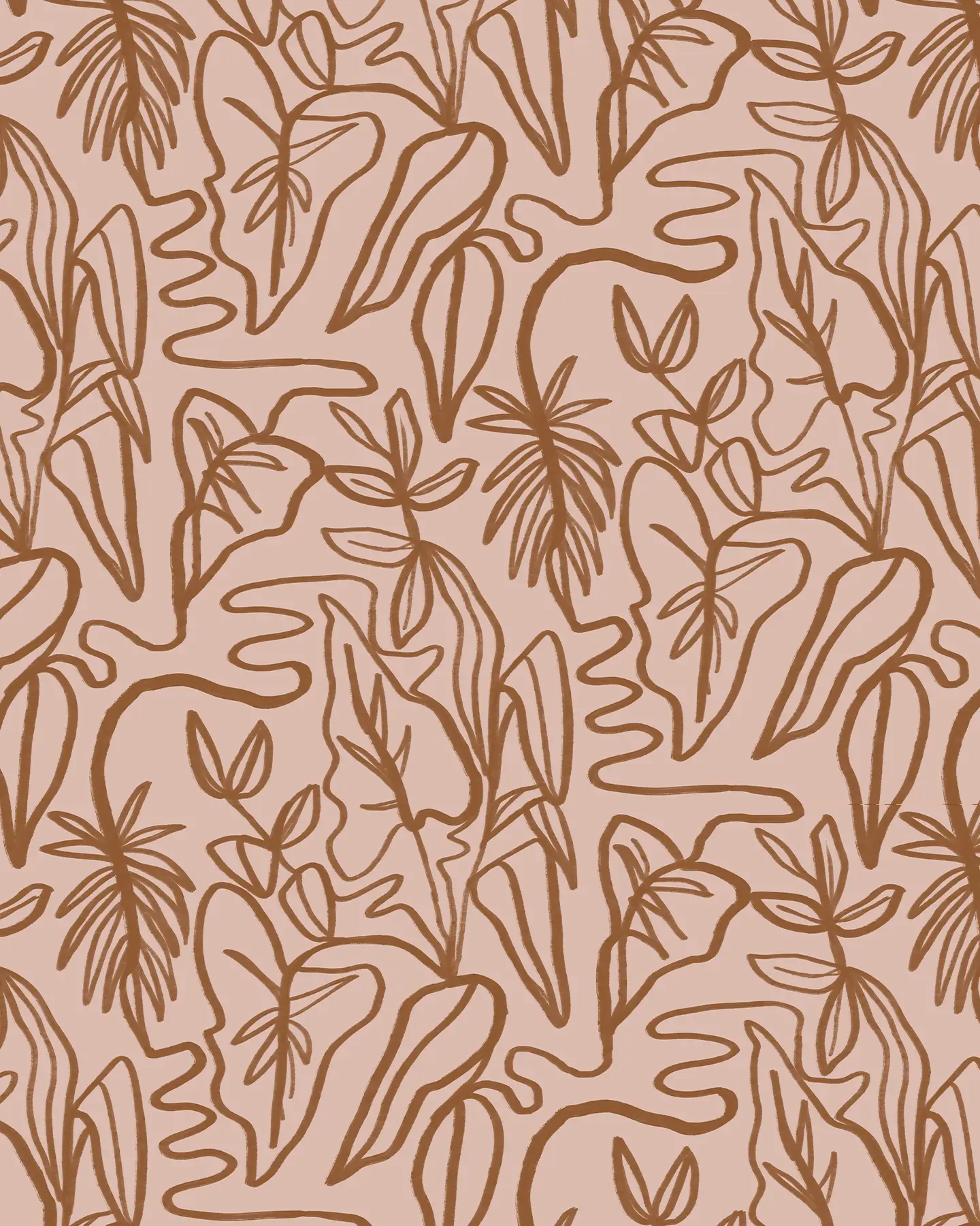 Inked Foliage Wallpaper rust line art on pink background botanical leaves pattern on Tampa Home & Garden Store