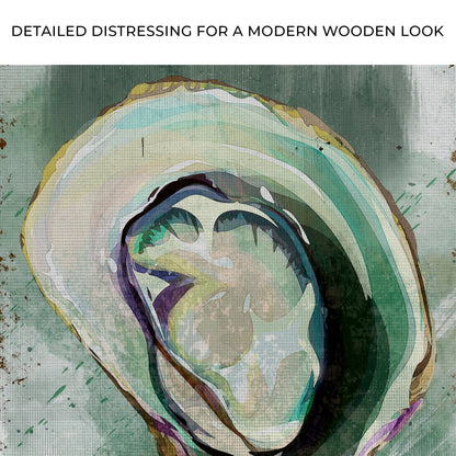Oyster Shell Abstract Portrait Canvas Wall Art; colorful shells on teal canvas Tailored Canvases on Tampa Home & Garden Store