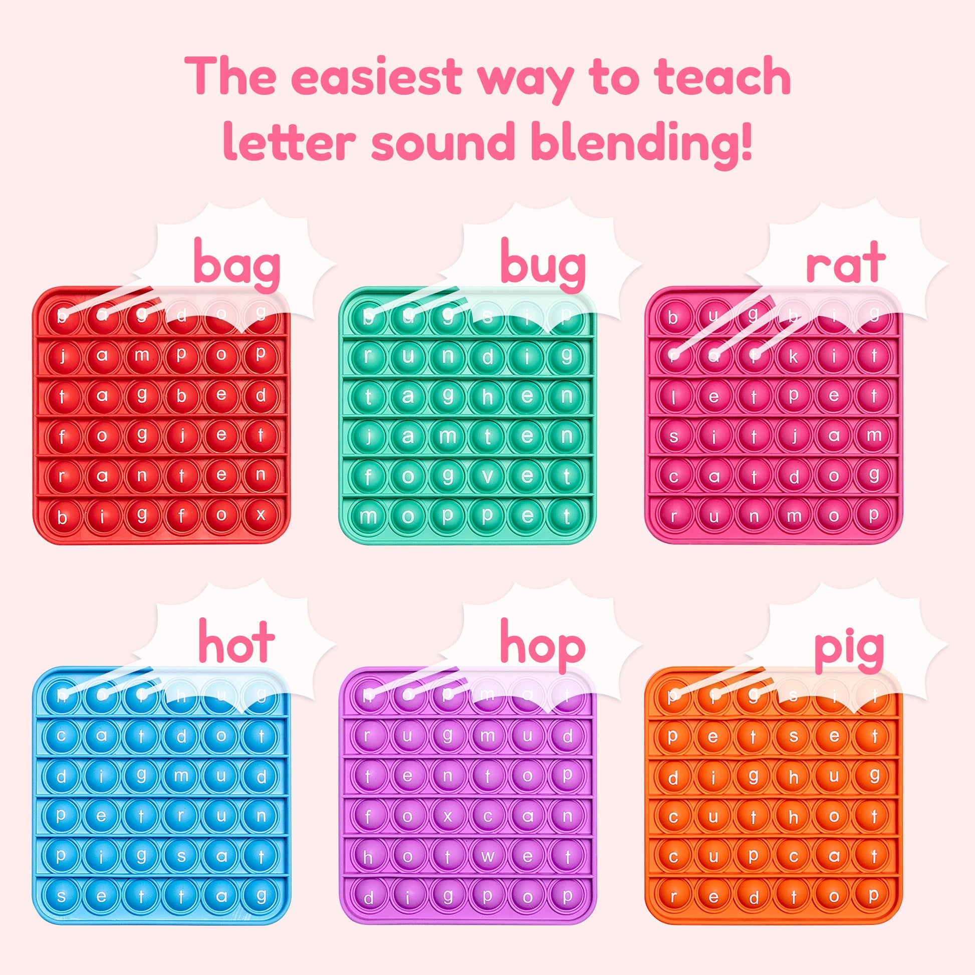 The Fidget Games 6 Extra CVC Word Pop Mats in red teal pink blue purple orange with bubbles on Tampa Home & Garden Store