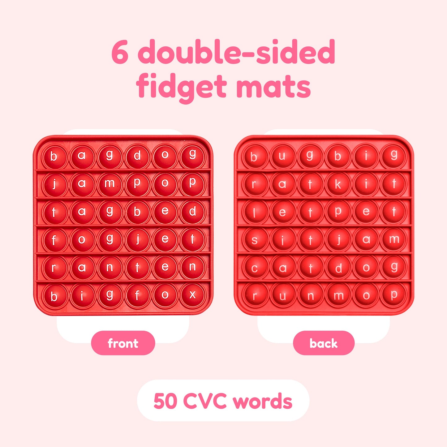 The Fidget Games 6 double-sided CVC fidget mats with red bubble letters for word building front and back on Tampa Home & Garden Store