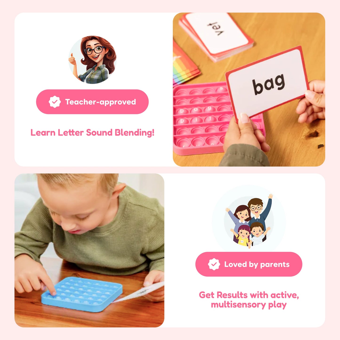 6 Extra CVC Fidget Mats (Word Pop) by The Fidget Games, pink branding with word cards on Tampa Home & Garden Store