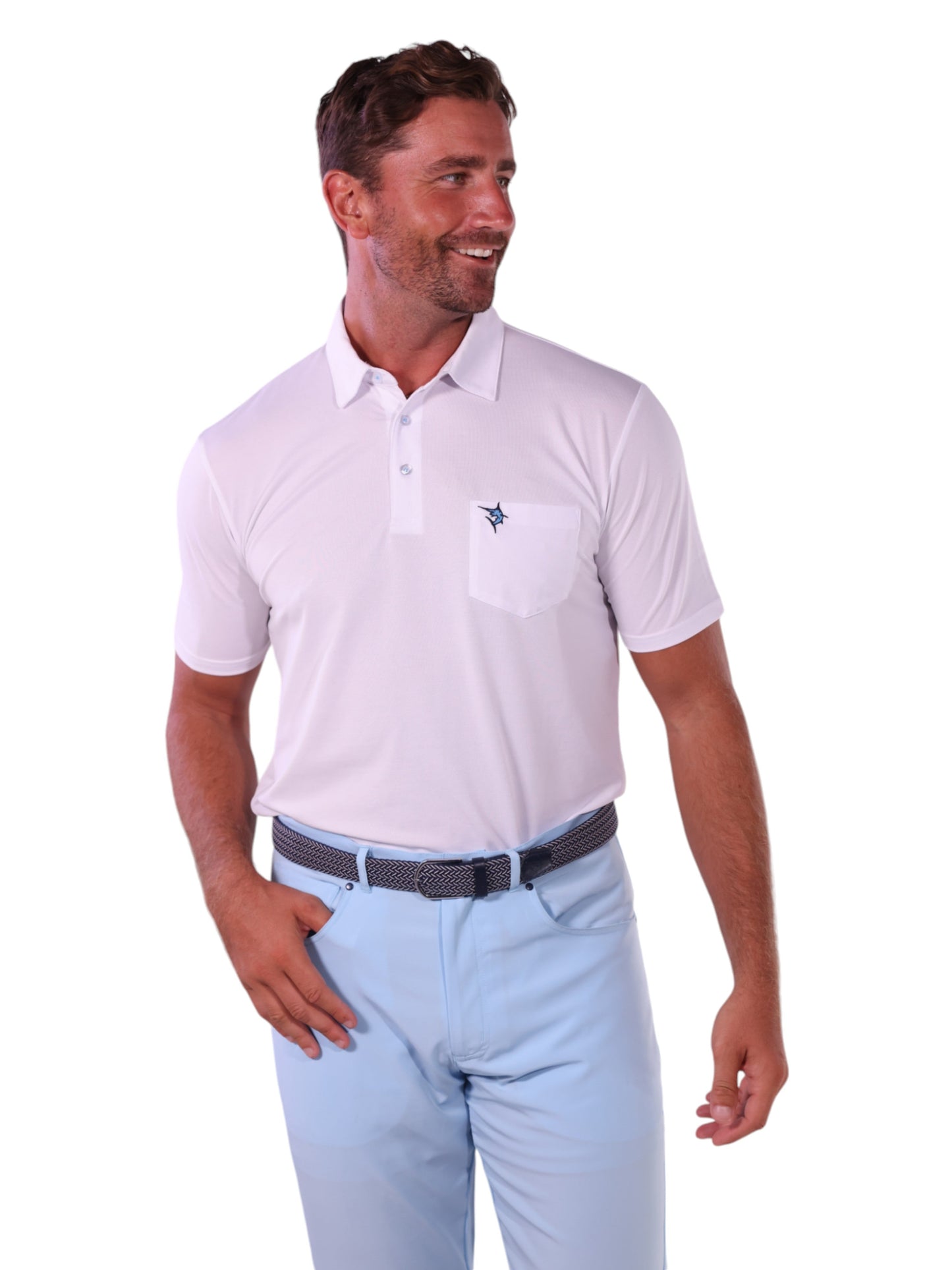 Charleston Polo white polo shirt by White Water Life with left chest pocket logo on Tampa Home & Garden Store