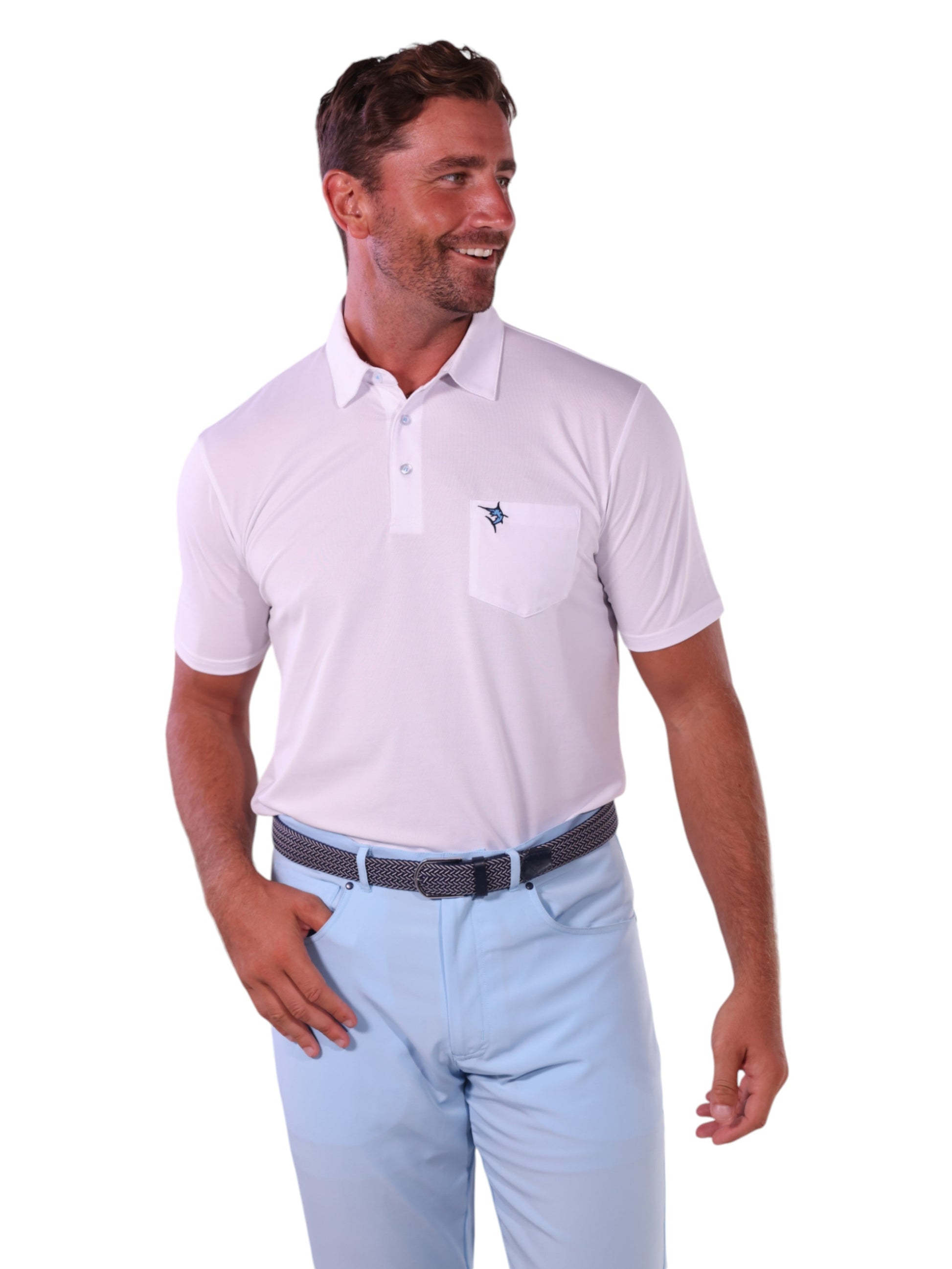 Charleston Polo white polo shirt by White Water Life with left chest pocket logo on Tampa Home & Garden Store