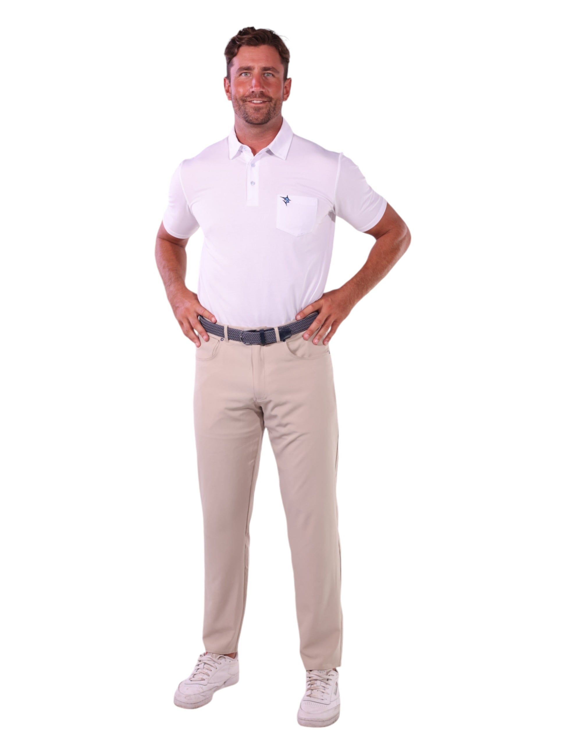 Charleston Polo by White Water Life, white short-sleeve polo with chest pocket and small logo on Tampa Home & Garden Store