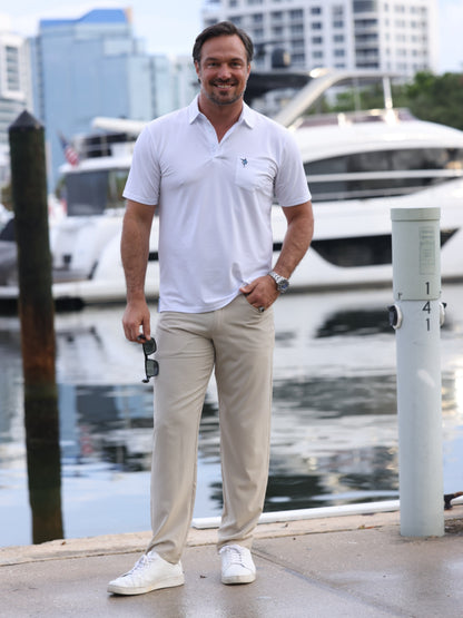Charleston Polo by White Water Life, white polo with chest pocket on Tampa Home & Garden Store