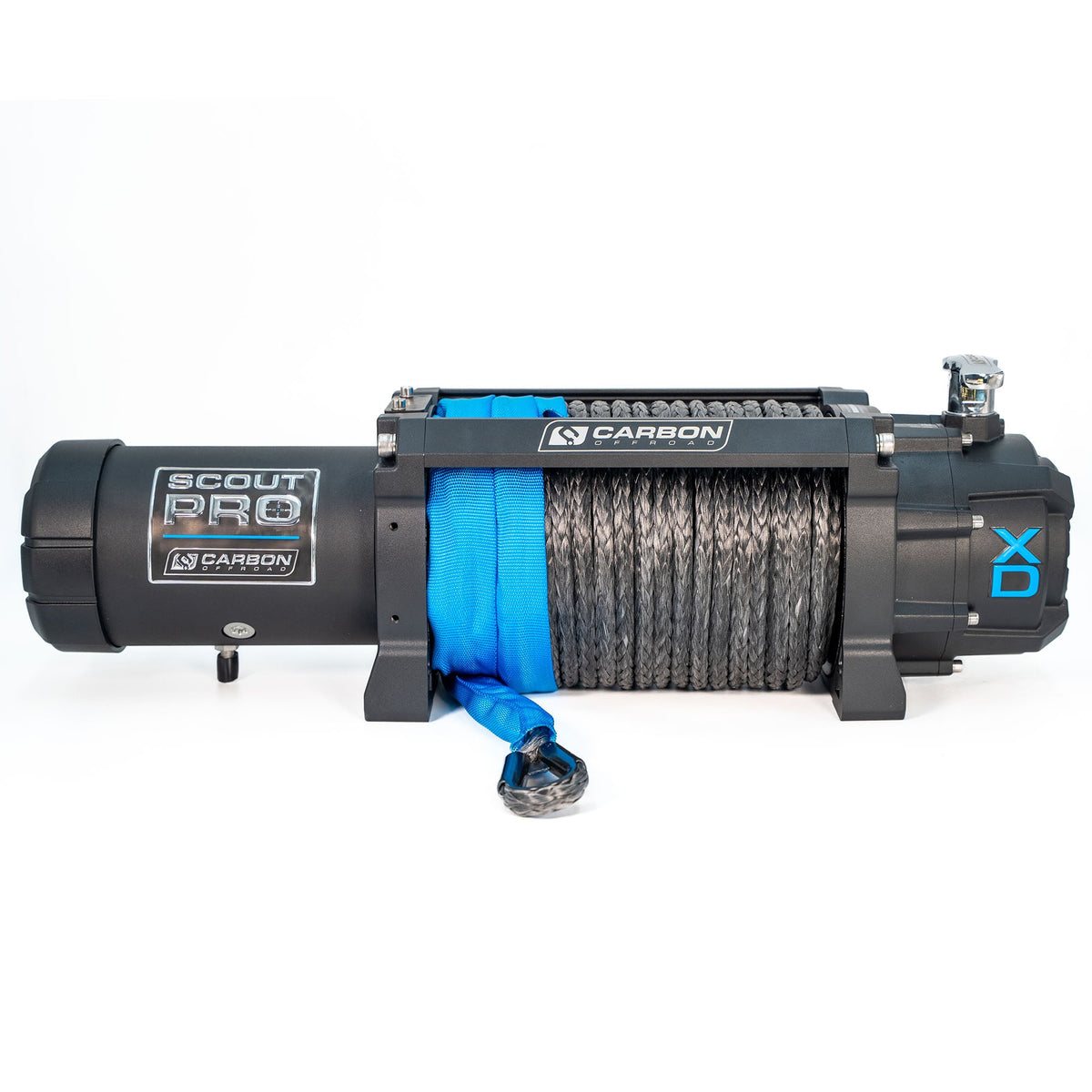 Carbon Offroad RS9 9000lb winch with black housing, braided cable and blue strap on Tampa Home & Garden Store