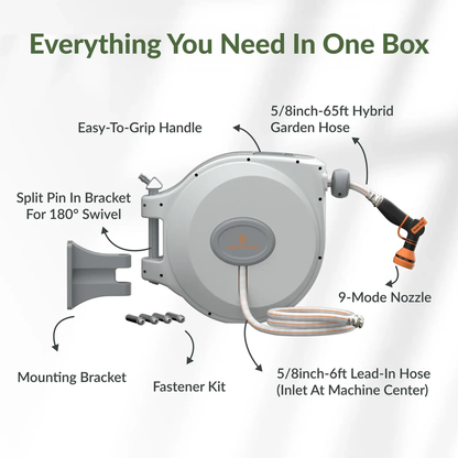 Giraffe Tools retractable garden hose reel with 65 ft 5/8 in hybrid hose and 9-mode nozzle on Tampa Home & Garden Store