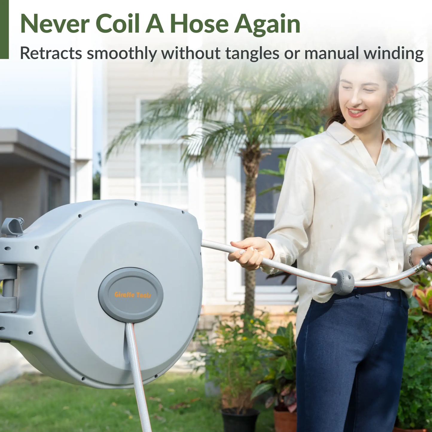 Retractable Garden Hose Reel 65 ft 5/8 in with grey housing by Giraffe Tools on Tampa Home & Garden Store