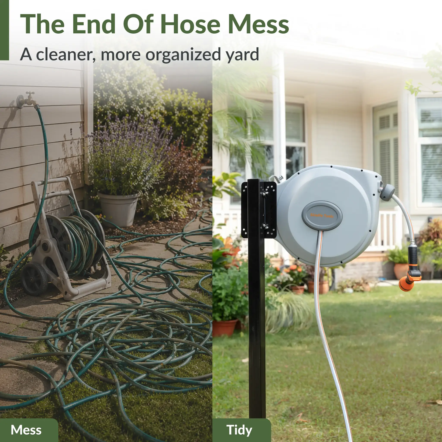 Retractable Hose Reel by Giraffe Tools, 65 ft 5/8 in; orange nozzle; messy vs neat yard on Tampa Home & Garden Store