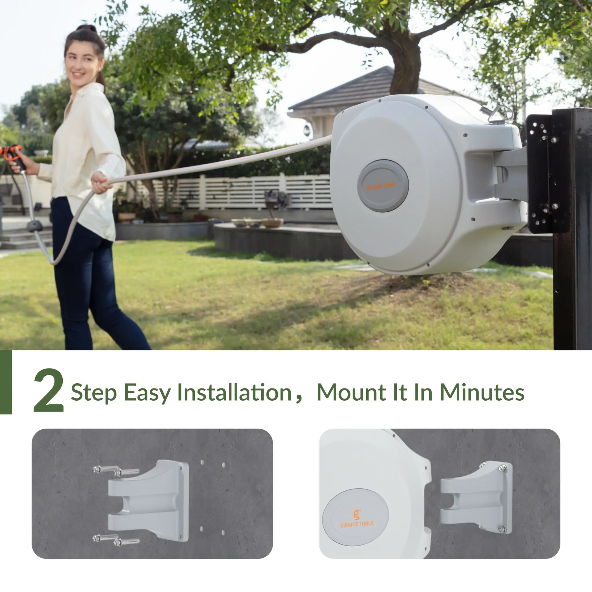 Retractable Garden Hose Reel 65 ft 5/8 in, white/gray housing, Giraffe Tools, wall mount on Tampa Home & Garden Store