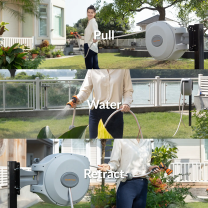 Retractable Garden Hose Reel 65 ft by Giraffe Tools wall-mount reel with hose in a sunny backyard on Tampa Home & Garden Store