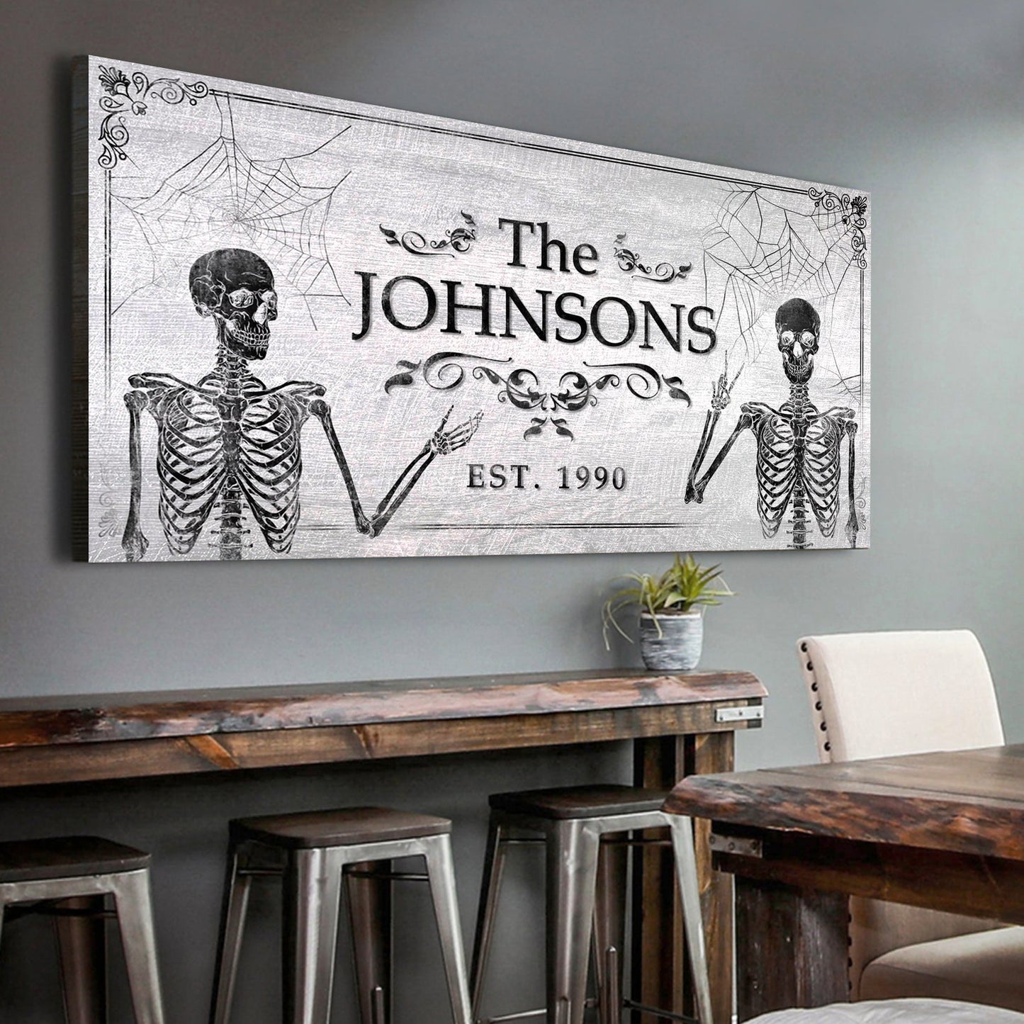 Gothic Family Sign III canvas by Tailored Canvases, skeleton art with ornate borders on Tampa Home & Garden Store