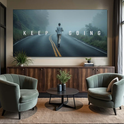 Keep Going Motivational Canvas by Tailored Canvases featuring a runner on a misty road on Tampa Home & Garden Store