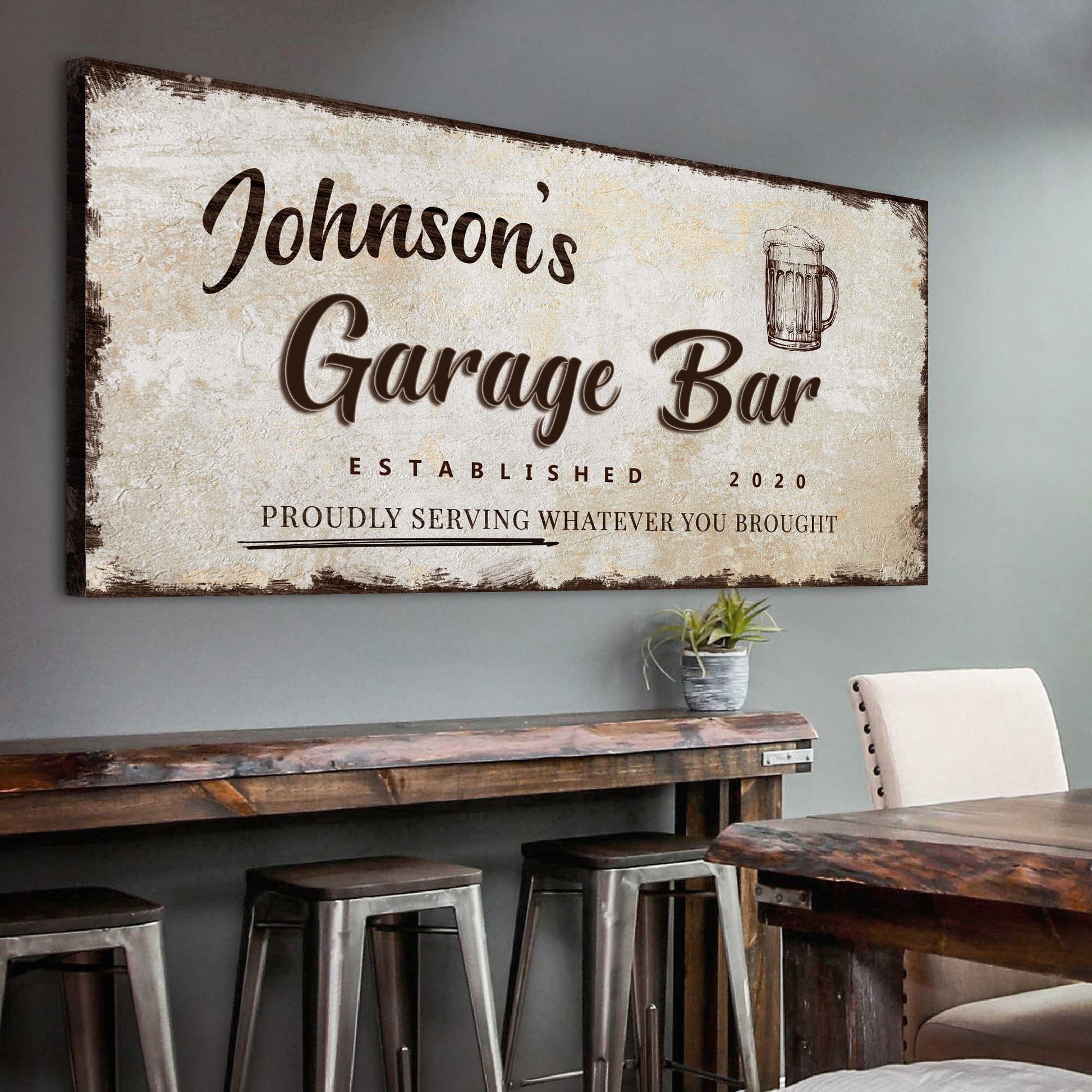 Garage Bar Sign VIII canvas with distressed beige background and brown script on Tampa Home & Garden Store