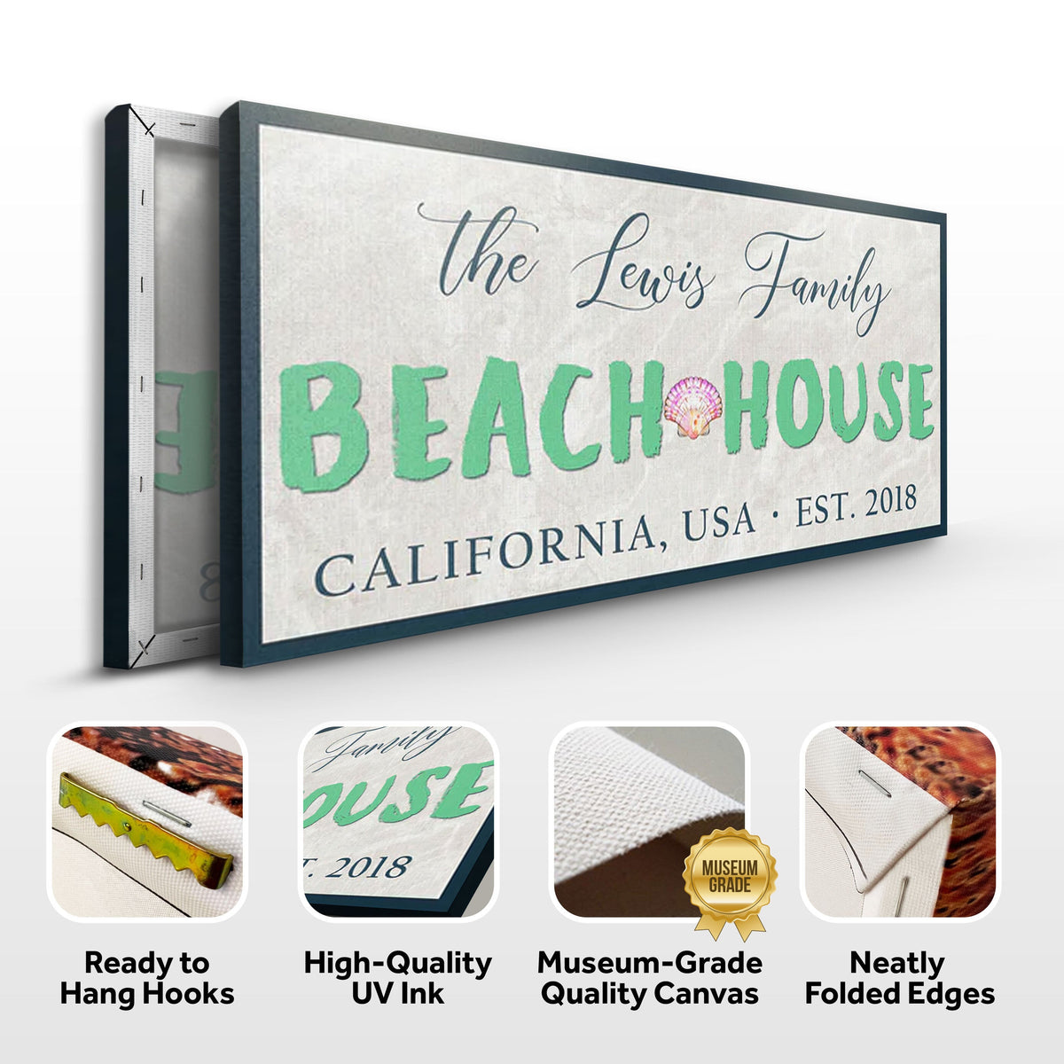 Beach House Sign III canvas by Tailored Canvases; green BEACH HOUSE lettering with shell icon on Tampa Home & Garden Store