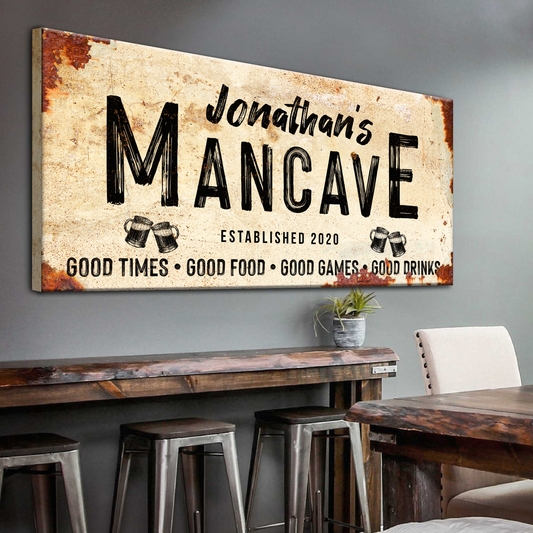Good Times Personalized Man Cave Sign canvas rustic beige background and beer mug icons on Tampa Home & Garden Store