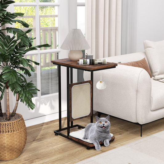C- Shaped Cat Side Table Cat Tree with Scratching Board-Rustic Brown - Tampa Home & Garden Store